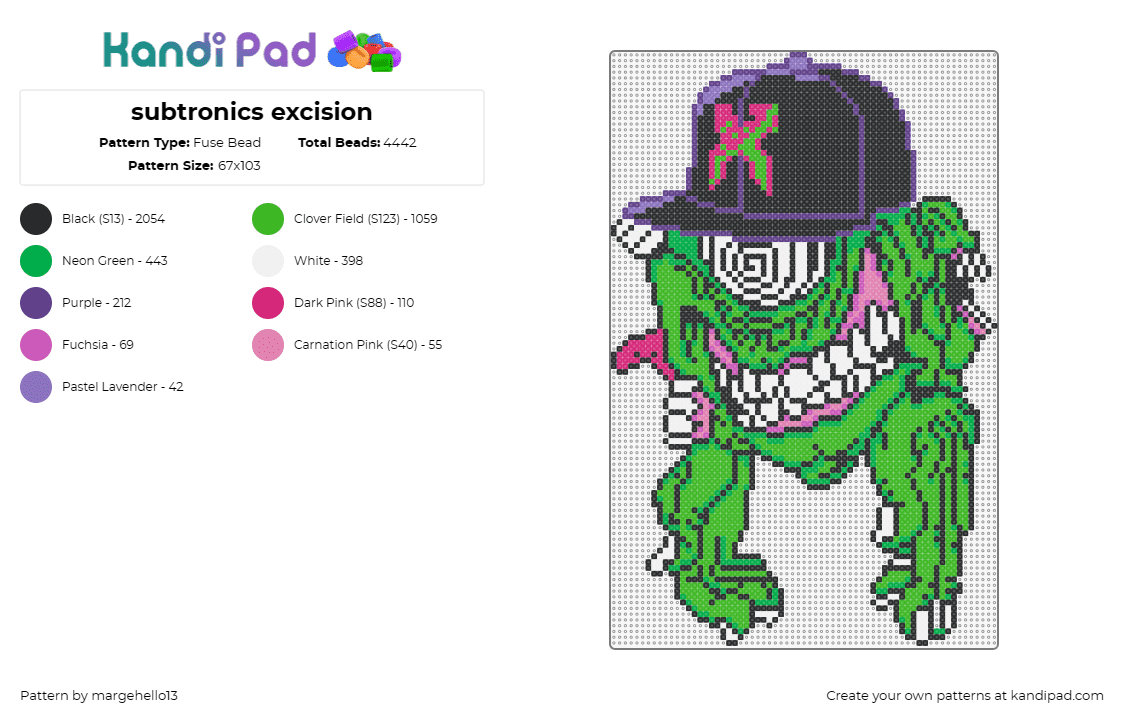 subtronics excision - Fuse Bead Pattern by margehello13 on Kandi Pad - subtronics,excision,cyclops,mashup,edm,dj,dubstep,music,hat,black,green,pink