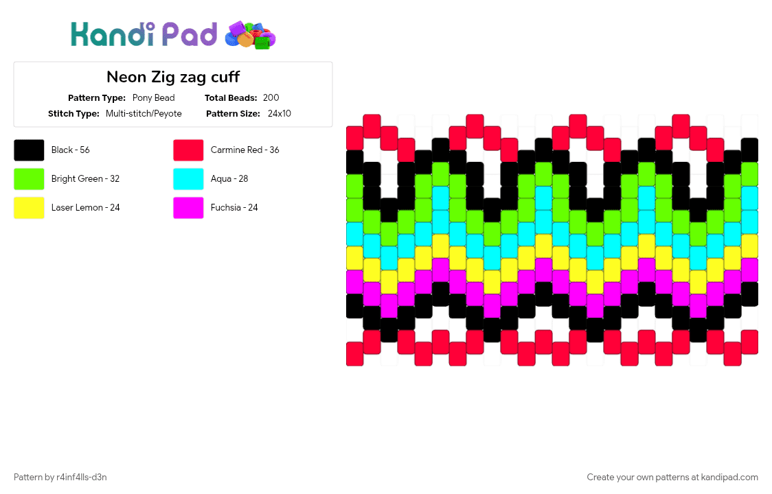 Neon Zig zag cuff for cotd chevron - Pony Bead Pattern by r4inf4lls-d3n on Kandi Pad - cotdchevron, green, light blue, red
