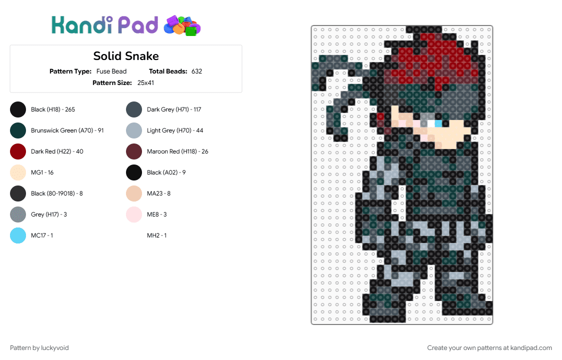 Solid Snake - Fuse Bead Pattern by luckyvoid on Kandi Pad - black, pink, purple, red, solid snake