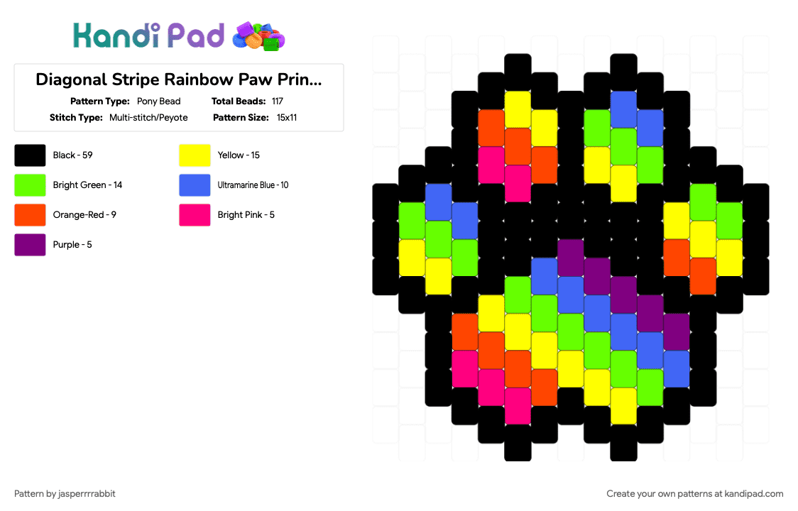 Diagonal Stripe Rainbow Paw Print Charm - Pony Bead Pattern by jasperrrrabbit on Kandi Pad - black, green, yellow
