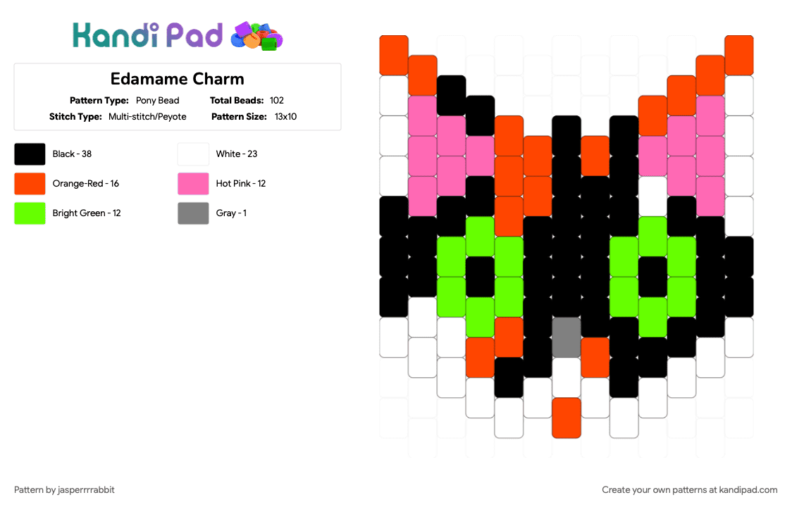 Edamame the Cat Charm - Pony Bead Pattern by jasperrrrabbit on Kandi Pad - green, pink, red