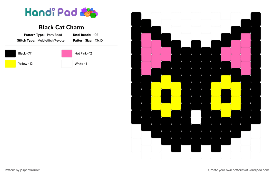 Black Cat Charm - Pony Bead Pattern by jasperrrrabbit on Kandi Pad - black, pink, yellow