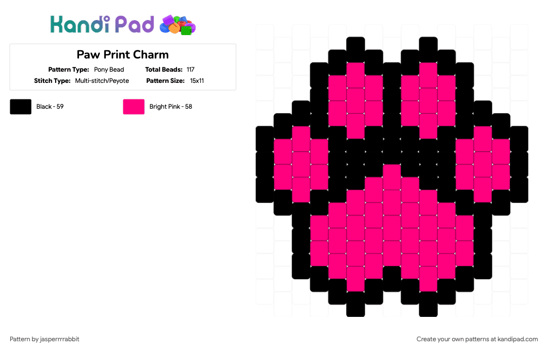 Paw Print Charm - Pony Bead Pattern by jasperrrrabbit on Kandi Pad - black, pink