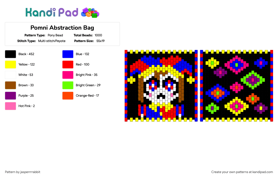 Pomni Abstraction Bag - Pony Bead Pattern by jasperrrrabbit on Kandi Pad - black, purple, red, yellow