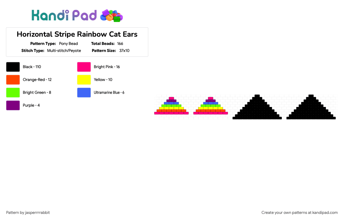 Horizontal Stripe Rainbow Cat Ears - Pony Bead Pattern by jasperrrrabbit on Kandi Pad - black, pink, red