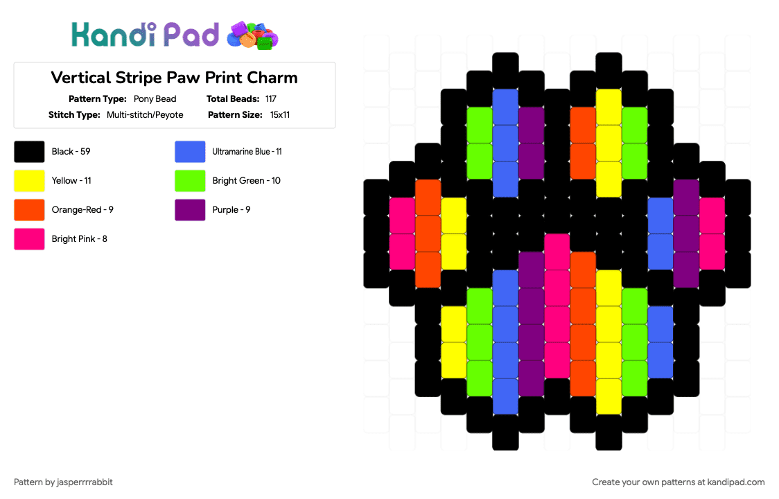Vertical Stripe Rainbow Paw Print Charm - Pony Bead Pattern by jasperrrrabbit on Kandi Pad - black, blue, pink, yellow
