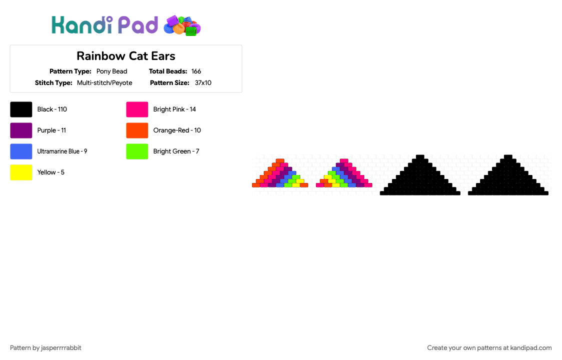 Rainbow Cat Ears - Pony Bead Pattern by jasperrrrabbit on Kandi Pad - black, pink