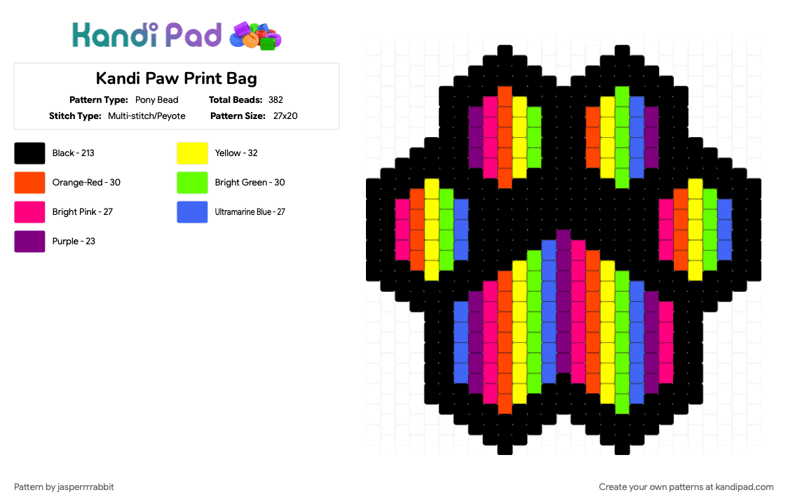 Vertical Stripe Rainbow Paw Print Bag - Pony Bead Pattern by jasperrrrabbit on Kandi Pad - black, pink, yellow