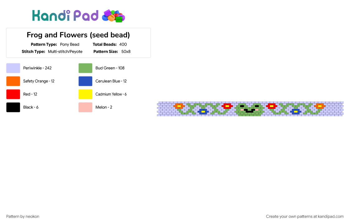 Frog and Flowers (seed bead) - Pony Bead Pattern by neokon on Kandi Pad - flowers, frog, green, pink, seed bead, smile