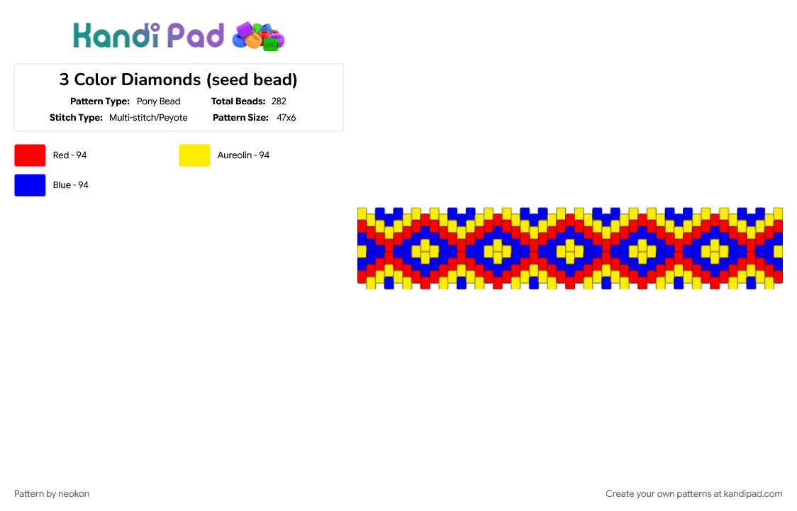 3 Color Diamonds (seed bead) - Pony Bead Pattern by neokon on Kandi Pad - purple, red, yellow