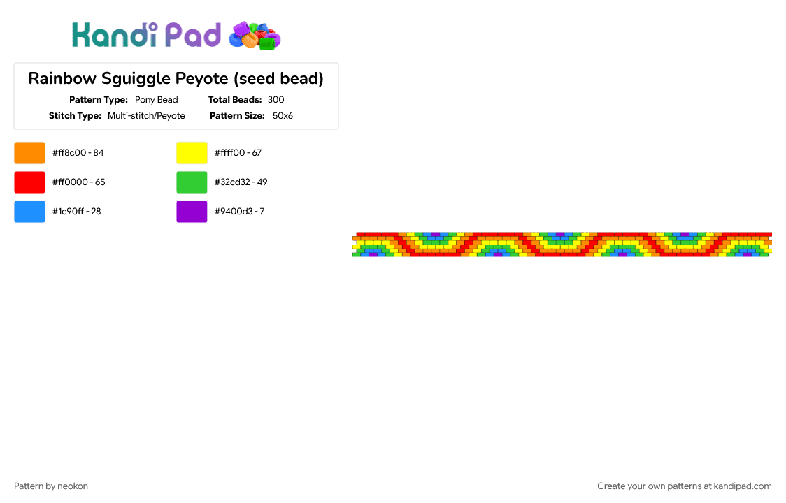 Rainbow Sguiggle Peyote (seed bead) - Pony Bead Pattern by neokon on Kandi Pad - colorful, geometric, green, orange, rainbow, red, seed beads, yellow