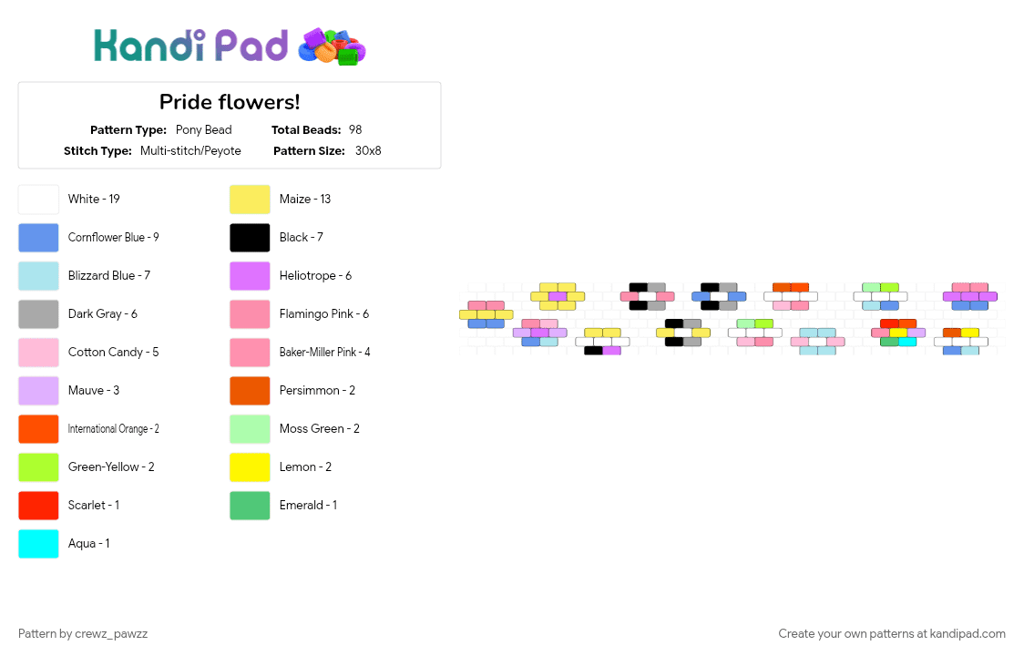 Pride flowers! - Pony Bead Pattern by crewz_pawzz on Kandi Pad - light blue, pink, yellow