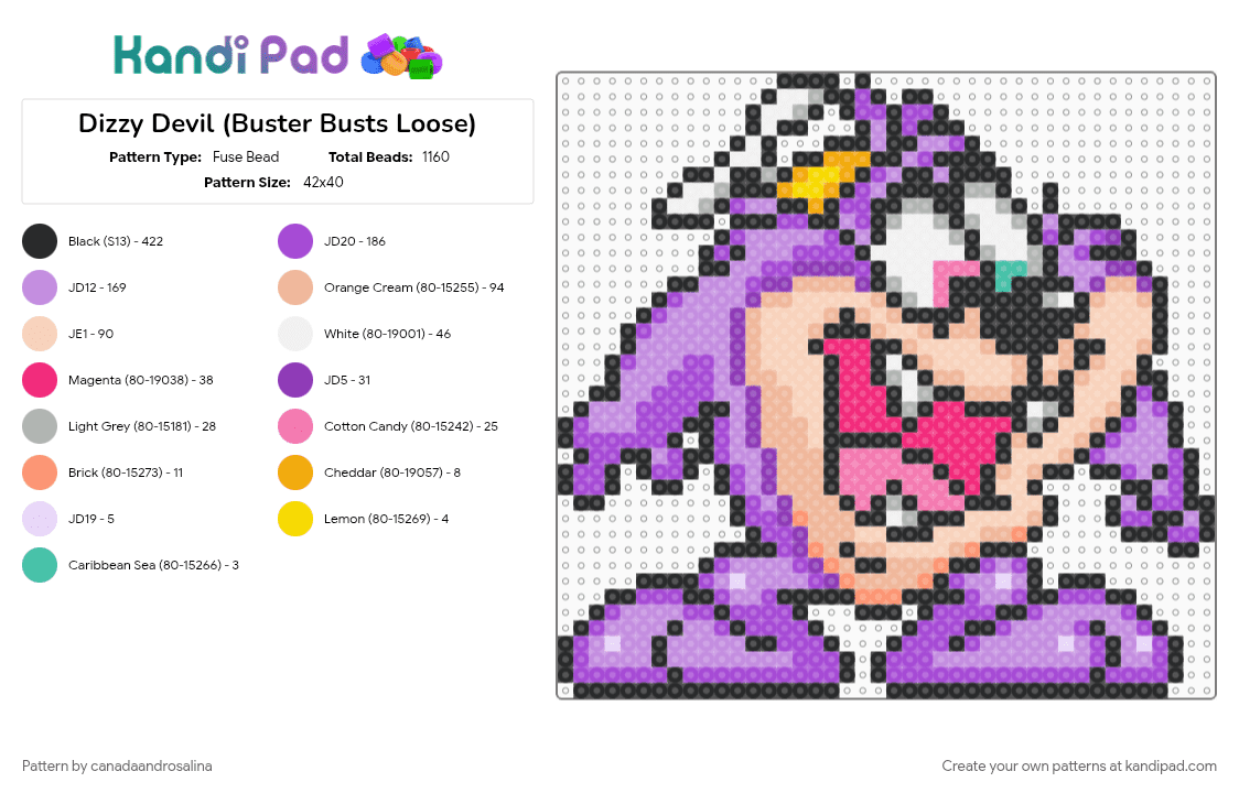 Dizzy Devil (Buster Busts Loose) - Fuse Bead Pattern by canadaandrosalina on Kandi Pad - beige, pink, purple, tinytoons, video game