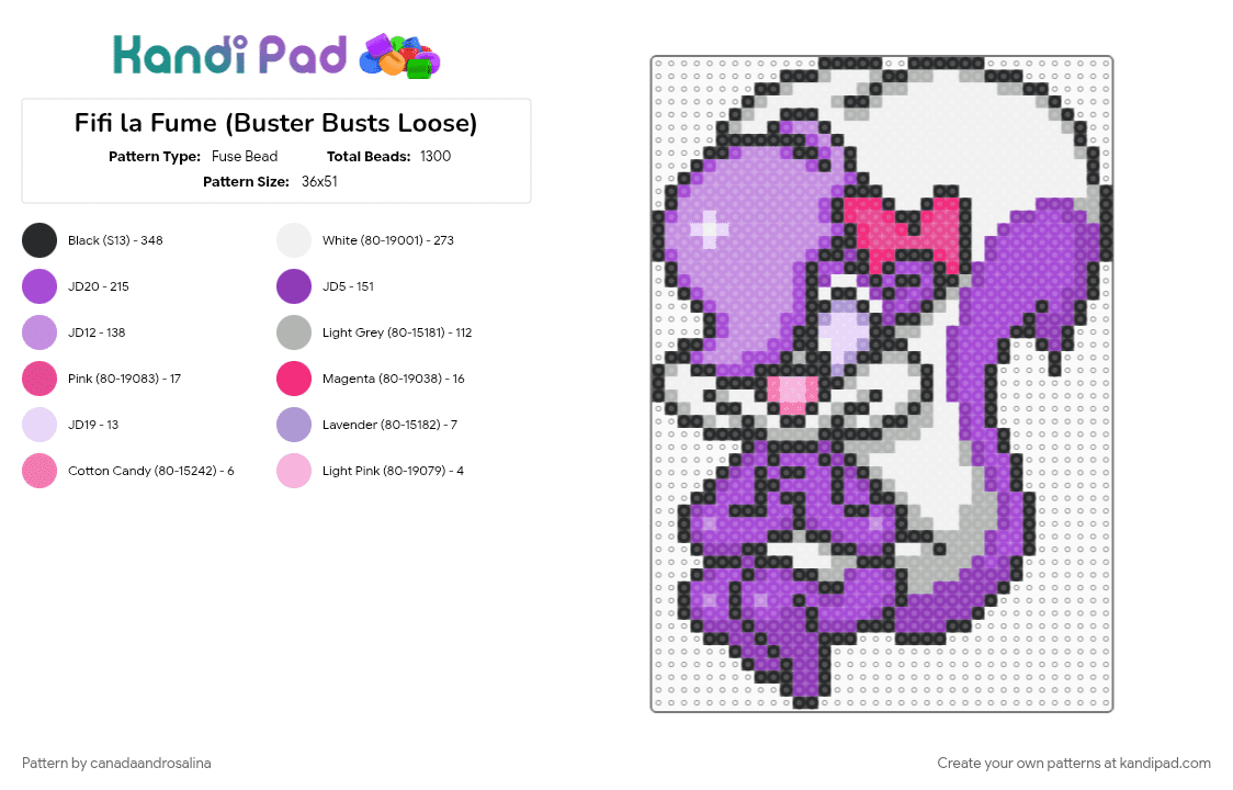 Fifi la Fume (Buster Busts Loose) - Fuse Bead Pattern by canadaandrosalina on Kandi Pad - character, purple, tinytoons, video game