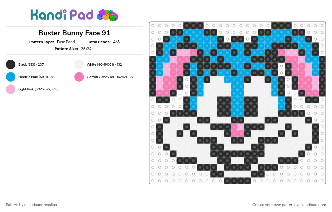 Buster Bunny Face 91 - Fuse Bead Pattern by canadaandrosalina on Kandi Pad - character, light blue, pink, timytoons, video game