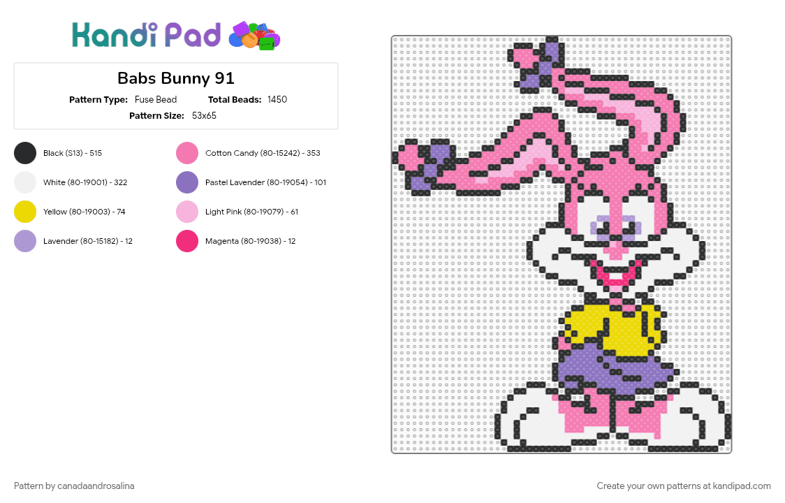 Babs Bunny 91 - Fuse Bead Pattern by canadaandrosalina on Kandi Pad - pink, tinytoons, video game