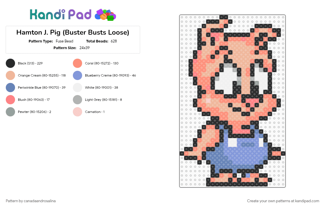 Hamton J. Pig (Buster Busts Loose) - Fuse Bead Pattern by canadaandrosalina on Kandi Pad - beige, orange, tinytoons, video game