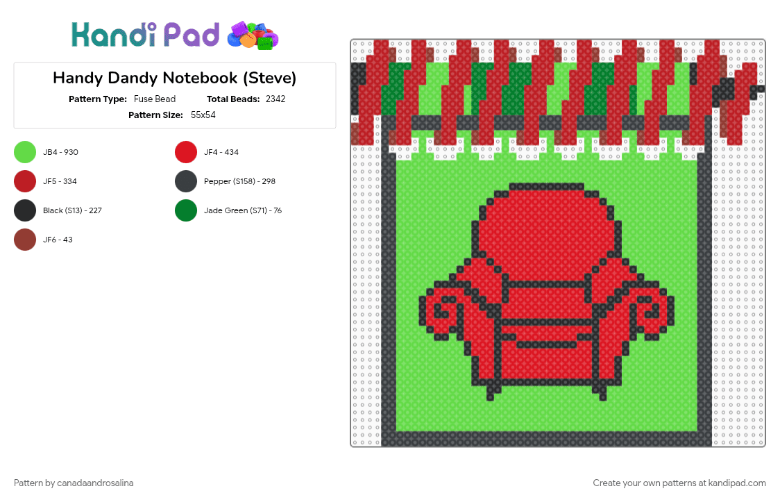 Handy Dandy Notebook (Steve) - Fuse Bead Pattern by canadaandrosalina on Kandi Pad - green, red