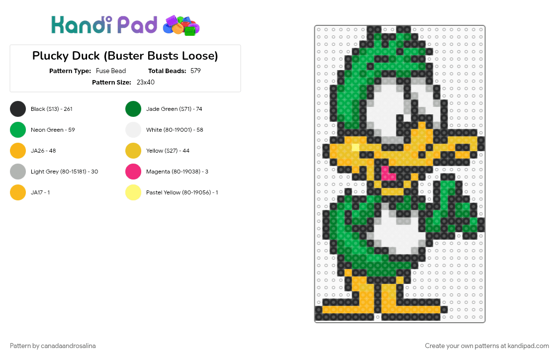 Plucky Duck (Buster Busts Loose) - Fuse Bead Pattern by canadaandrosalina on Kandi Pad - black, green, tinytoons, video game