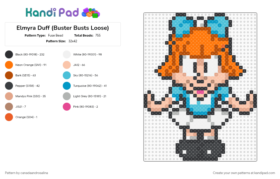 Elmyra Duff (Buster Busts Loose) - Fuse Bead Pattern by canadaandrosalina on Kandi Pad - beige, cotdoldschoolcartoons, light blue, orange, red, tinytoons, video game