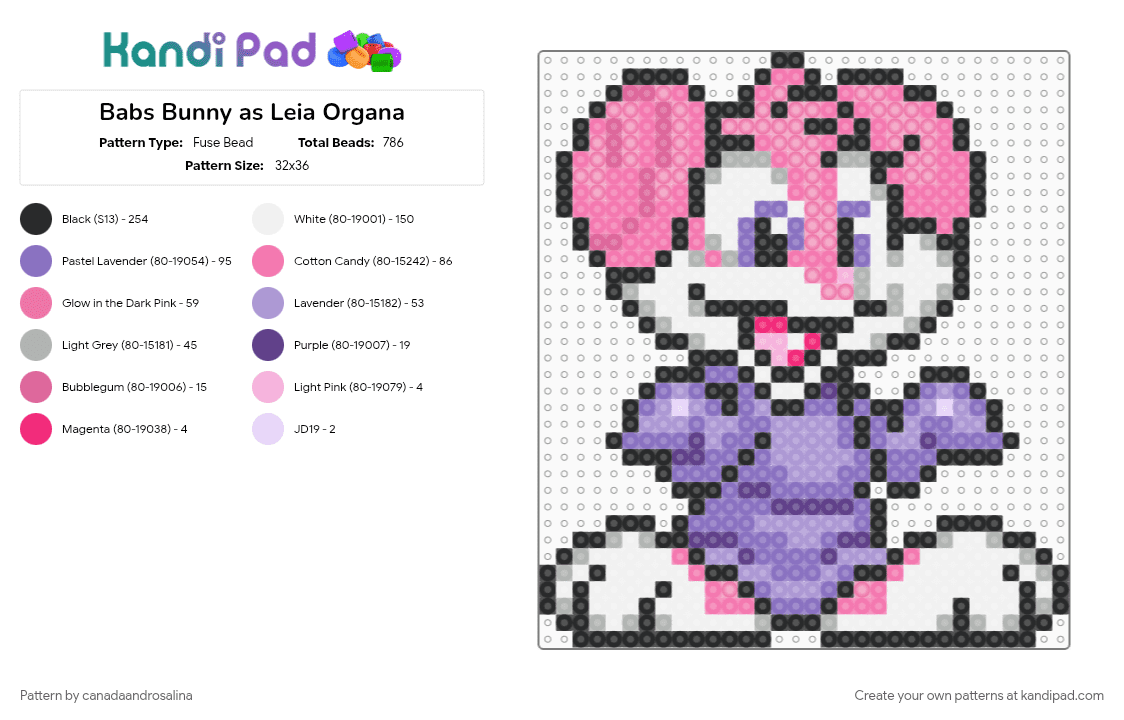 Babs Bunny as Leia Organa - Fuse Bead Pattern by canadaandrosalina on Kandi Pad - blue, pink, princess leia, tinytoons, video game