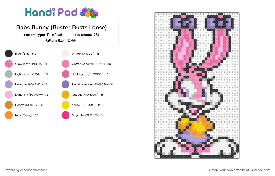 Babs Bunny (Buster Busts Loose) - Fuse Bead Pattern by canadaandrosalina on Kandi Pad - character, pink, supernintendo, tinytoons