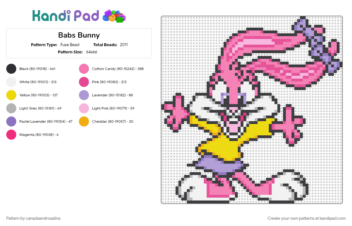 Babs Bunny - Fuse Bead Pattern by canadaandrosalina on Kandi Pad - character, pink, tiny toons