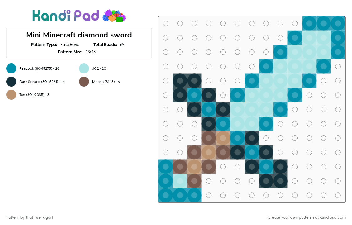 Mini Minecraft diamond sword - Fuse Bead Pattern by that_weirdgorl on Kandi Pad - light blue, teal