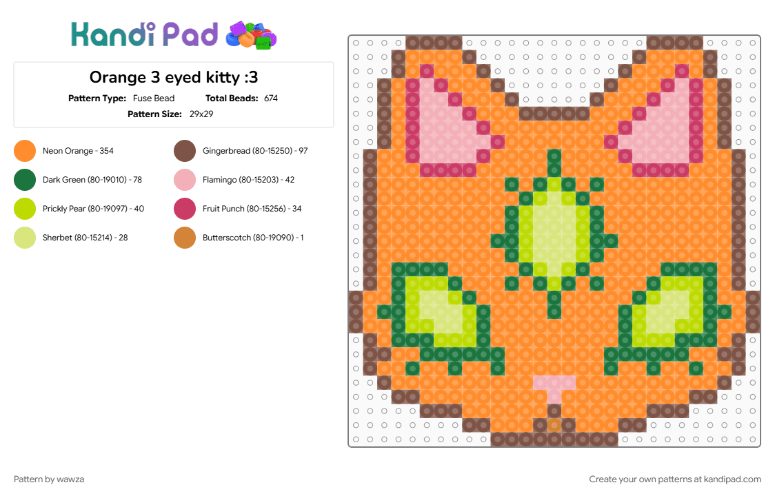 Orange 3 eyed kitty :3 - Fuse Bead Pattern by wawza on Kandi Pad - cat, green, orange, orange cat, pink