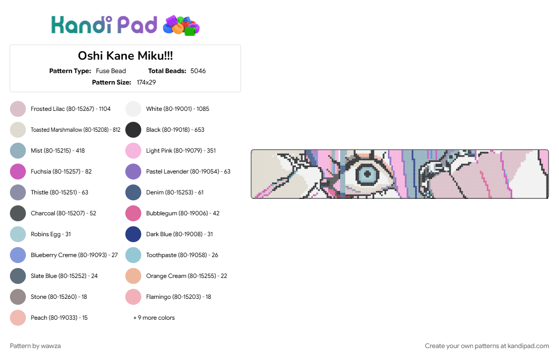 Oshi Kane Miku!!! - Fuse Bead Pattern by wawza on Kandi Pad - beige, bells, character, kane, light blue, miku, money, oshi, pink, purple