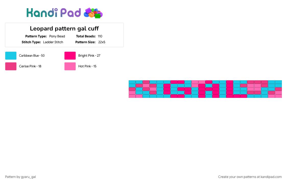 Leopard pattern gal cuff - Pony Bead Pattern by gyaru_gal on Kandi Pad - animal, cotdlettering, gyaru, leopardprint, light blue, pink