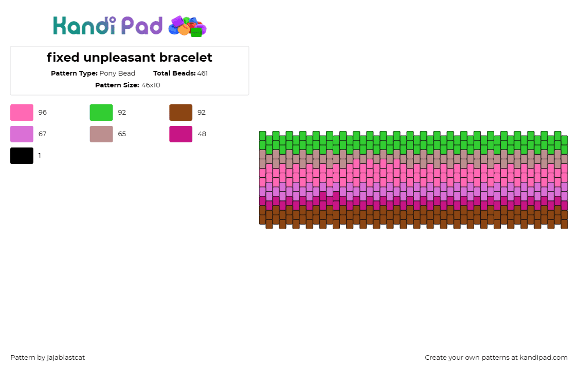 fixed unpleasant bracelet - Pony Bead Pattern by jajablastcat on Kandi Pad - earthy,gradient,horizontal,stripes,cuff,colorful,green,pink,brown