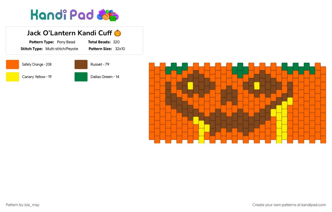 Jack O’Lantern Kandi Cuff 🎃 - Pony Bead Pattern by isla_may on Kandi Pad - brown, cuff pattern, jack o lantern, orange, peyote, pumpkin