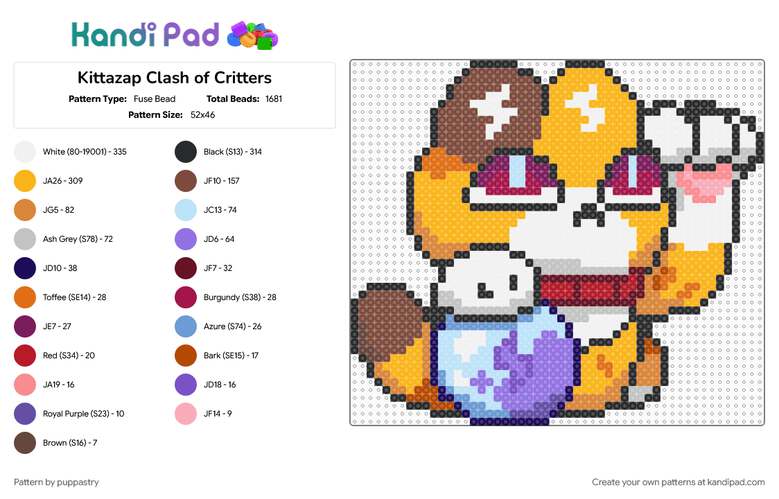 Kittazap Clash of Critters - Fuse Bead Pattern by puppastry on Kandi Pad - brown, orange