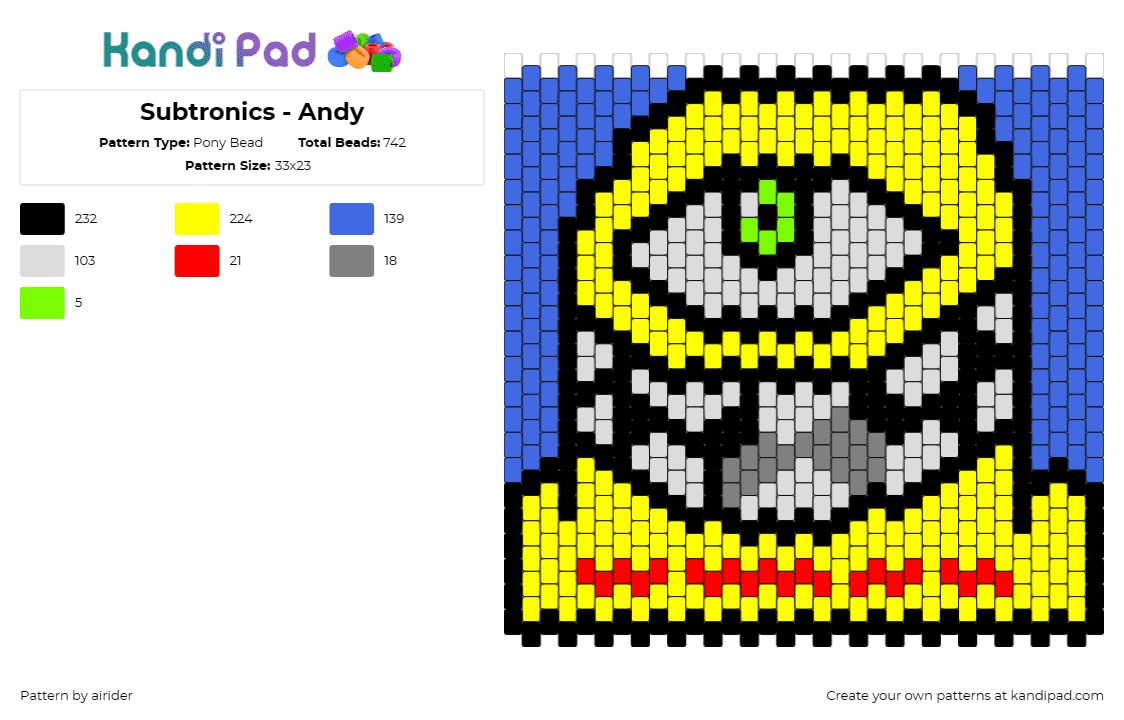 Subtronics - Andy - Pony Bead Pattern by airider on Kandi Pad - subtronics,cyclops,dj,edm,music,dubstep,panel,face,yellow,blue