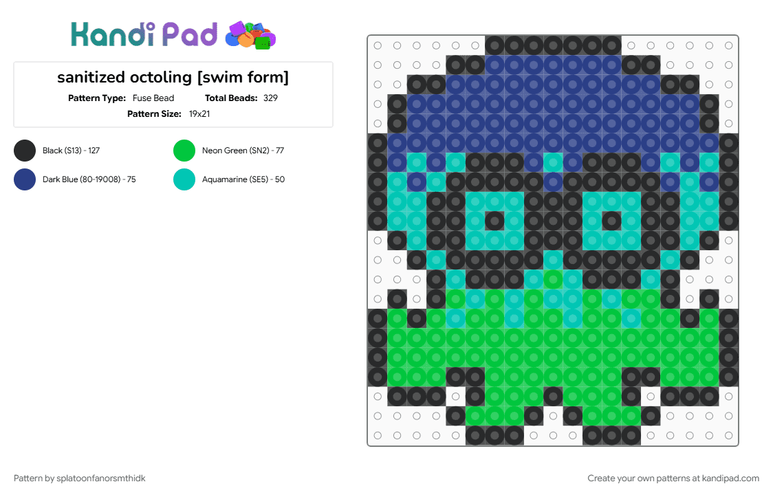 sanitized octoling [swim form] - Fuse Bead Pattern by splatoonfanorsmthidk on Kandi Pad - blue, green, nintendo, octo expansion, octoling, sanitized, splatoon, splatoon 2, video game