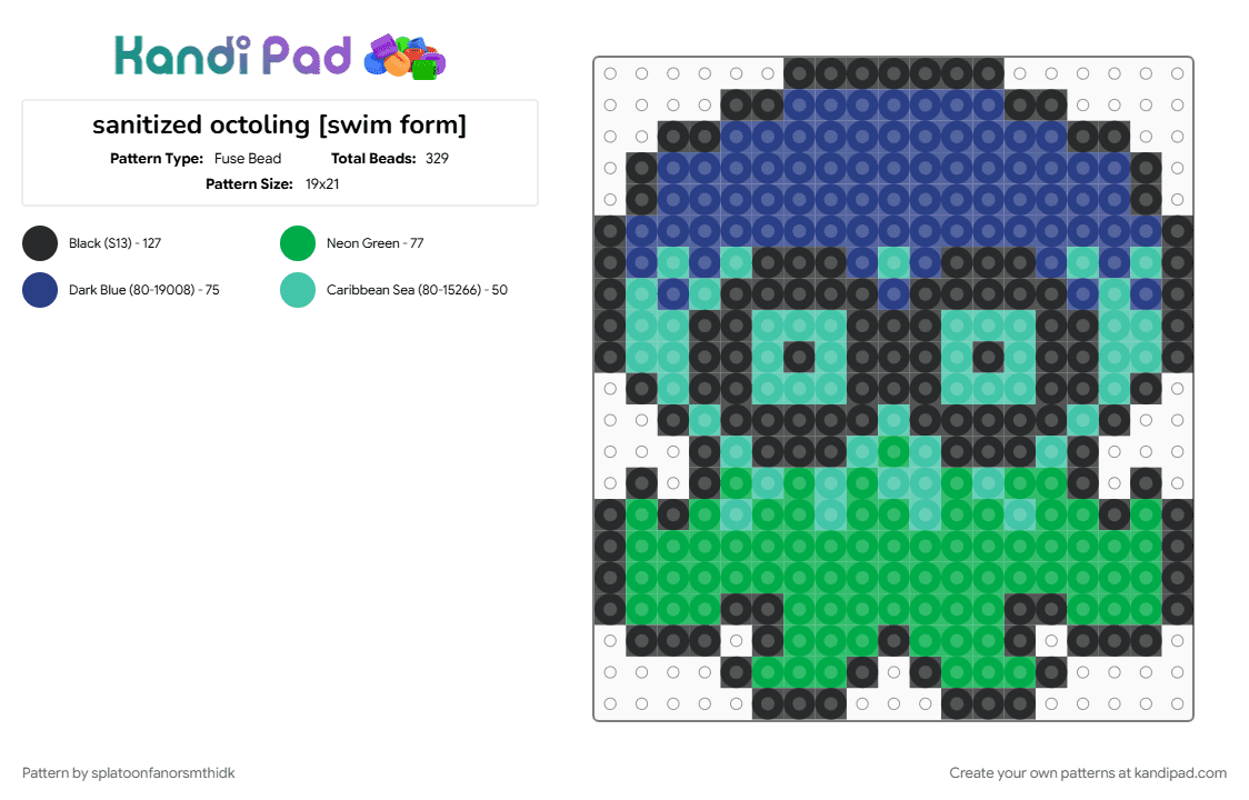 sanitized octoling [swim form] - Fuse Bead Pattern by splatoonfanorsmthidk on Kandi Pad - blue, green, nintendo, octo expansion, octoling, sanitized, splatoon, splatoon 2, video game