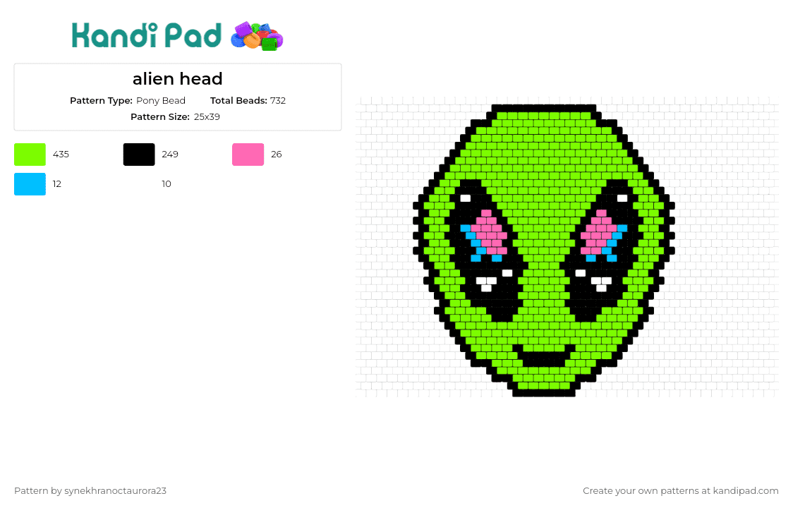 alien head - Pony Bead Pattern by synekhranoctaurora23 on Kandi Pad - alien,space,extraterrestrial,face,smile,cute,galaxy,eyes,green,black