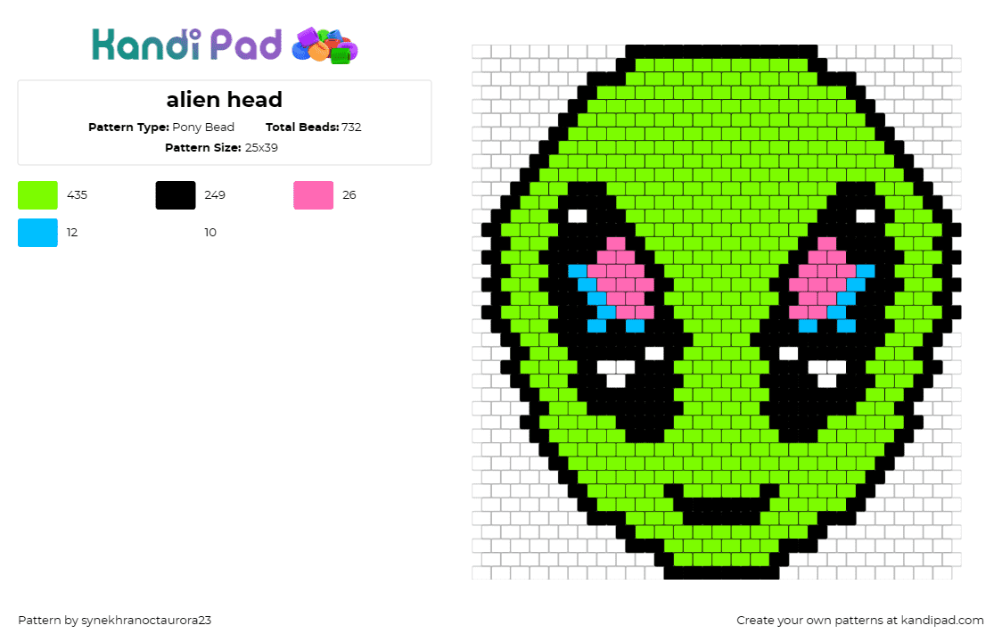 alien head - Pony Bead Pattern by synekhranoctaurora23 on Kandi Pad - alien,space,extraterrestrial,face,smile,cute,galaxy,eyes,green,black