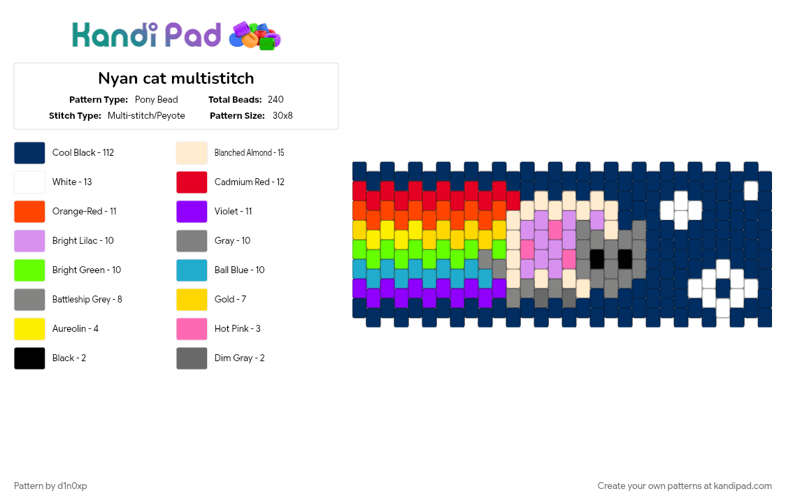 Nyan cat multistitch - Pony Bead Pattern by d1n0xp on Kandi Pad - blue, nyan cat, rainbow, red, space