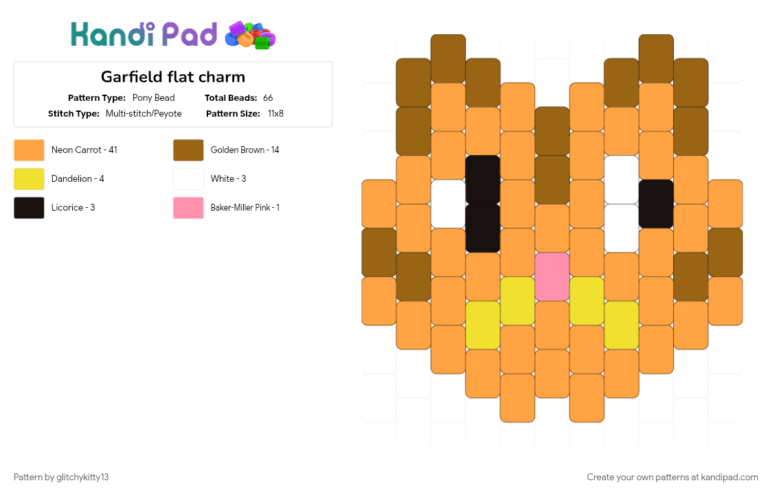 Garfield flat charm - Pony Bead Pattern by glitchykitty13 on Kandi Pad - character, flat charm, for whatever, fun, garfield, kandi, keychain, old cartoons, orange