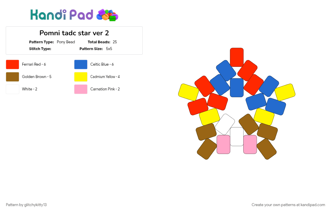 Pomni tadc star ver 2 - Pony Bead Pattern by glitchykitty13 on Kandi Pad - blue, jester, pomni, pomni tadc, red, star, tadc, tan, yellow