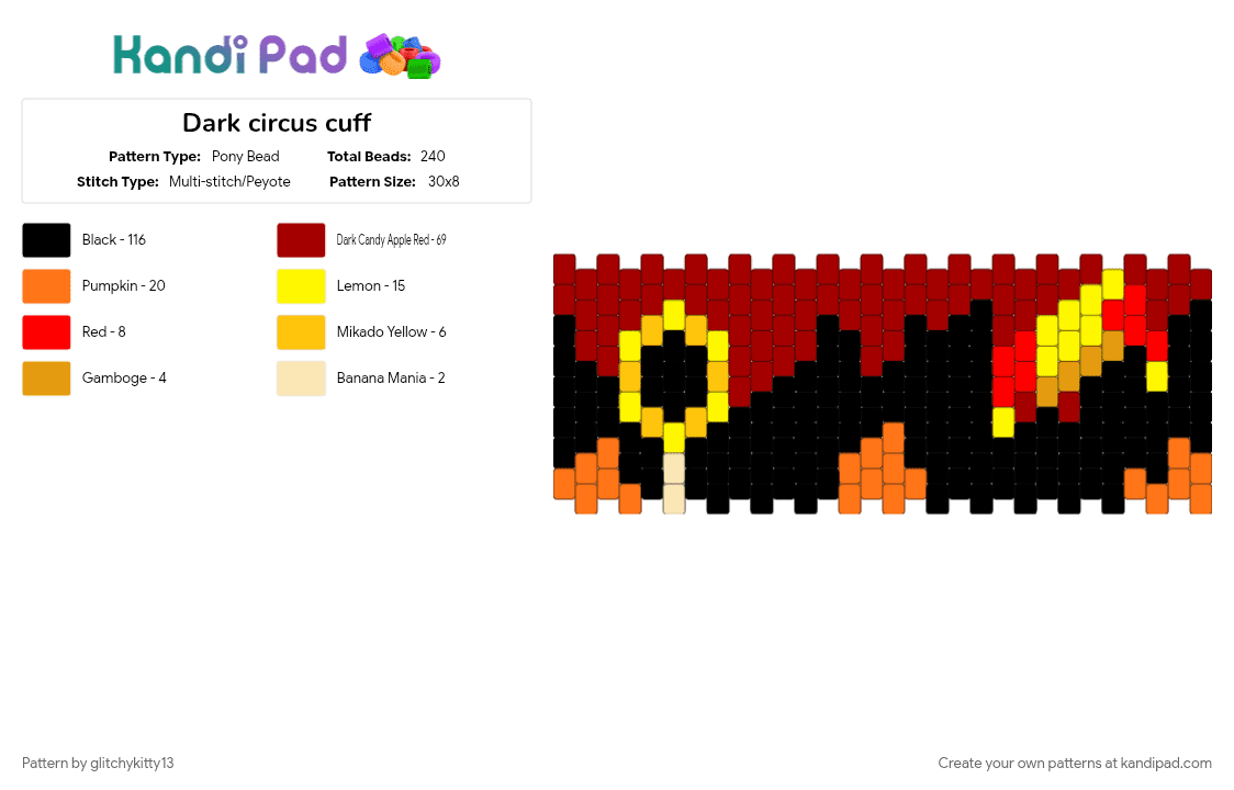 Dark circus cuff - Pony Bead Pattern by glitchykitty13 on Kandi Pad - circus, cuff, dark circus, fire, gore, red