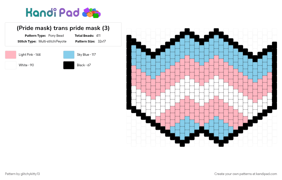 (Pride mask) trans pride mask (3) - Pony Bead Pattern by glitchykitty13 on Kandi Pad - blue, light blue, mask, pink, pride, trans, trans flag, white