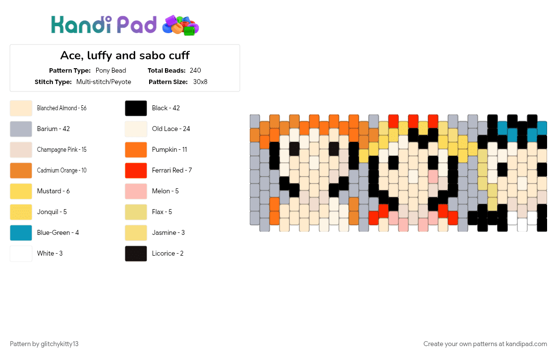 Ace, luffy and sabo cuff - Pony Bead Pattern by glitchykitty13 on Kandi Pad - ace one piece, anime, beige, character, cuff, luffy one piece, one piece, sabo one piece, sad