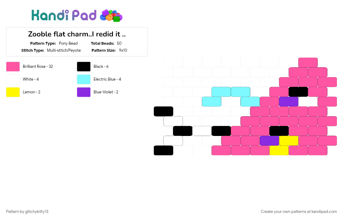 Zooble flat charm..I redid it .. - Pony Bead Pattern by glitchykitty13 on Kandi Pad - character, flat charm, pink, tadc, zooble