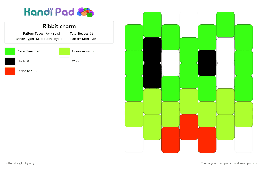 Ribbit charm - Pony Bead Pattern by glitchykitty13 on Kandi Pad - character, flat charm, green, keychain, ribbit tadc, tadc