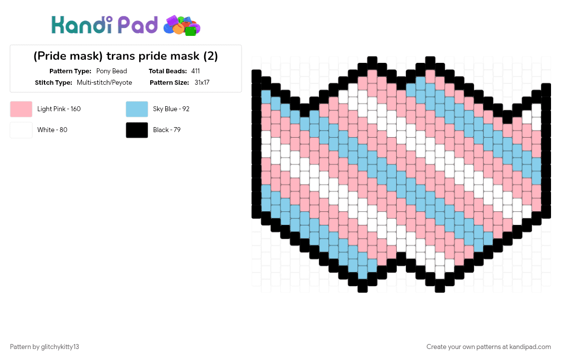 (Pride mask) trans pride mask (2) - Pony Bead Pattern by glitchykitty13 on Kandi Pad - blue, light blue, mask, pink, pride, trans, trans flag, white