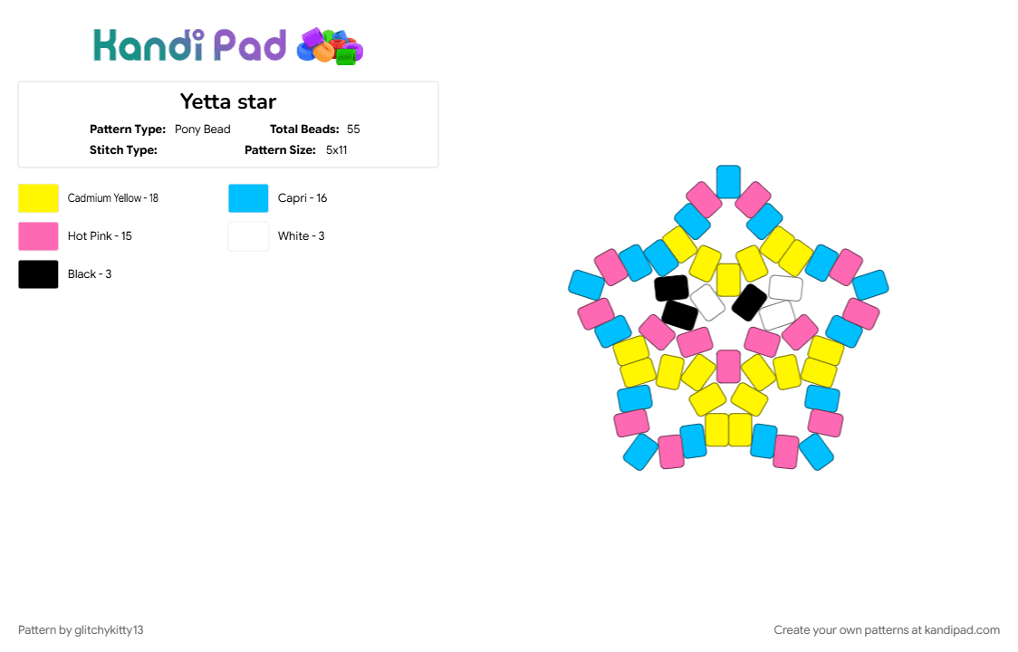 Yetta star - Pony Bead Pattern by glitchykitty13 on Kandi Pad - dandys world, light blue, star, yatta, yellow