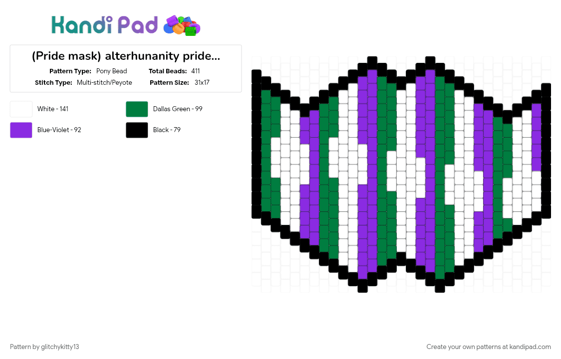 (Pride mask) alterhunanity pride mask (2) - Pony Bead Pattern by glitchykitty13 on Kandi Pad - alterhuman, alterhunanity, fictionkin, green, mask, otherkin, pride, purple, therian